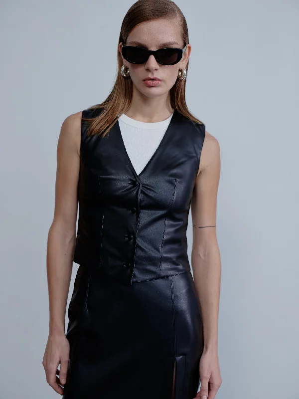 Brita Vegan Leather Vest in Noire Fur-Lined Vest Coat