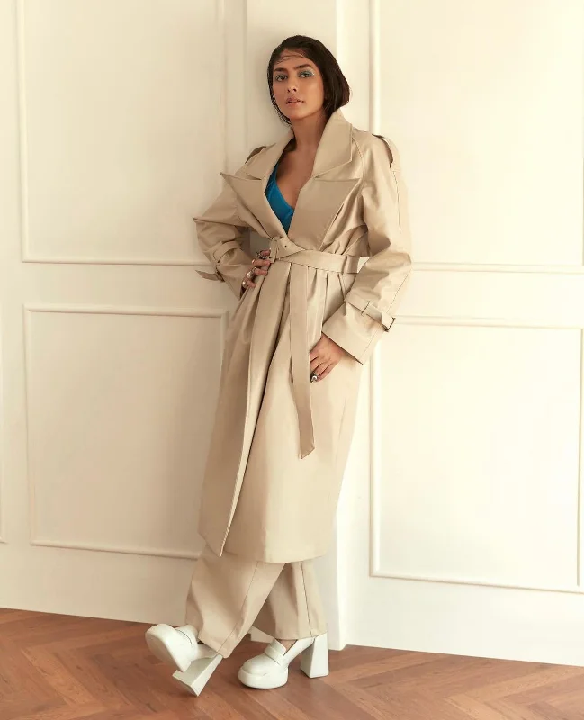 Cream Faux Leather Trench Co-ord Set Casual Button-Up Trench Coat