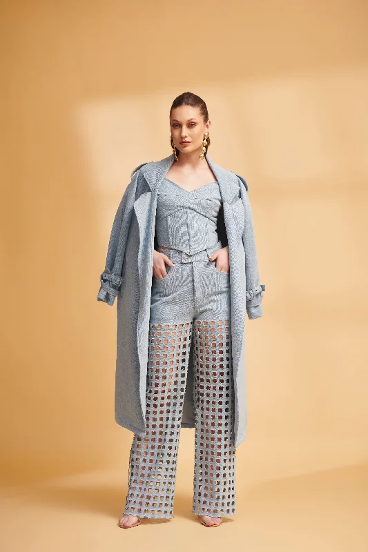 ETHER Denim Trench and Cutwork Jeans Co-ord Set Chic Military Style Trench