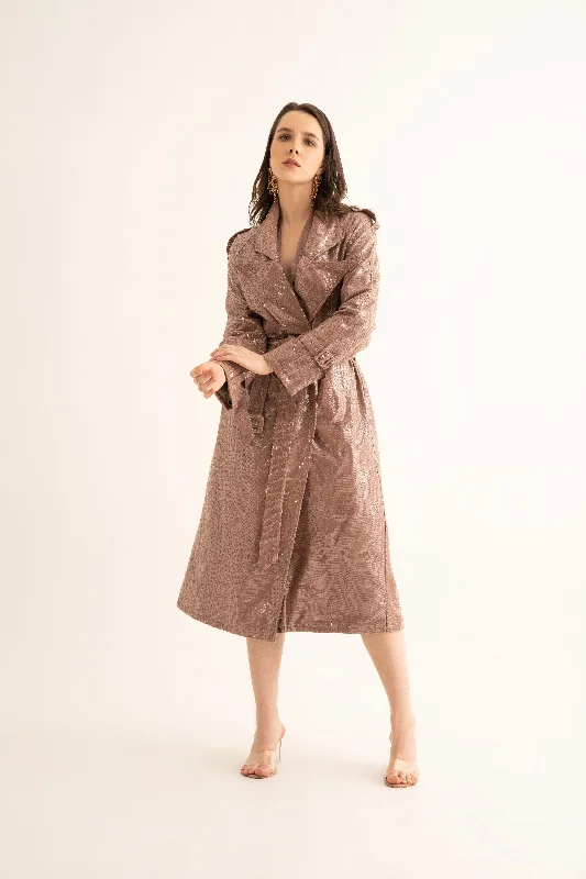 Grey Sequins Trench Double-Breasted Belted Trench