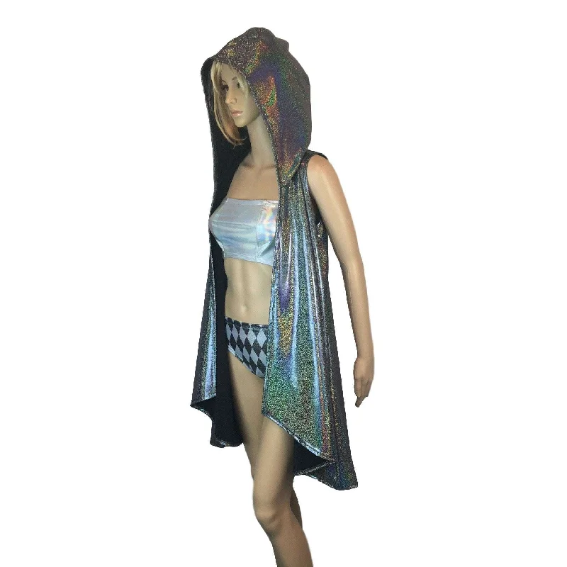 Hooded Sleeveless Rave Kimono Robe - Gleaming Silver Holographic Hoodie with Frayed Bohemian Relaxed Hooded Sleeveless Rave Kimono Robe - Gleaming Silver Holographic Hoodie with Frayed Bohemian Relaxed