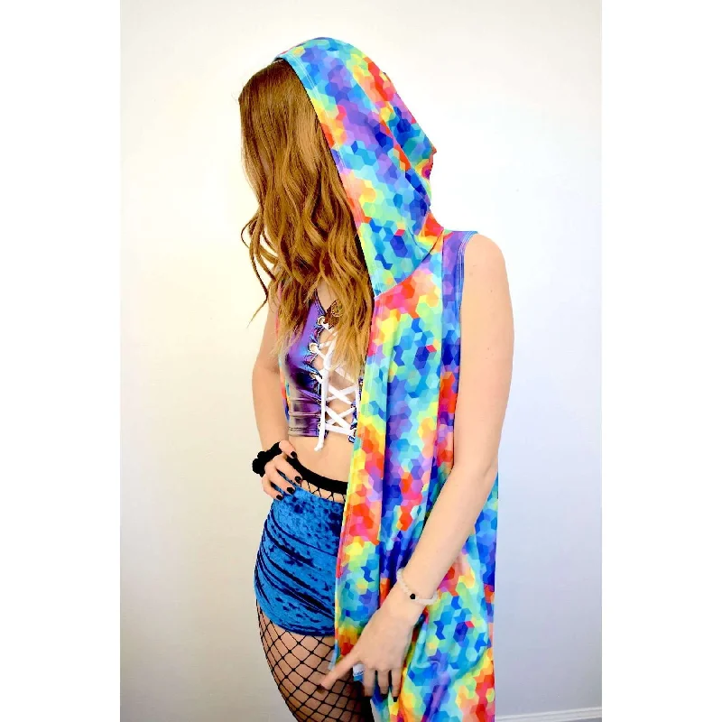 SALE - SMALL/MEDIUM - Unisex Hooded Sleeveless Rave Kimono Robe - Rainbow Geo Hoodie with Oversized Fit Loose Comfortable SALE - SMALL/MEDIUM - Unisex Hooded Sleeveless Rave Kimono Robe - Rainbow Geo Hoodie with Oversized Fit Loose Comfortable