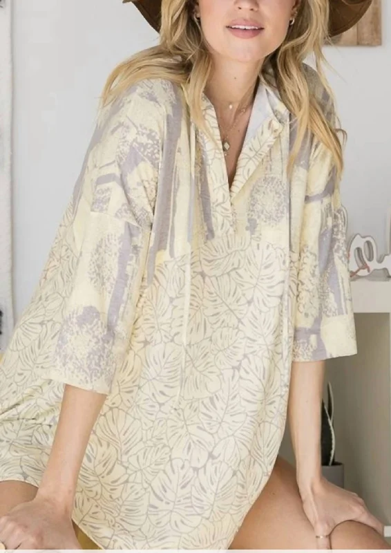 Hooded Top In Yellow Hoodie with Rolled Sleeves Casual Relaxed