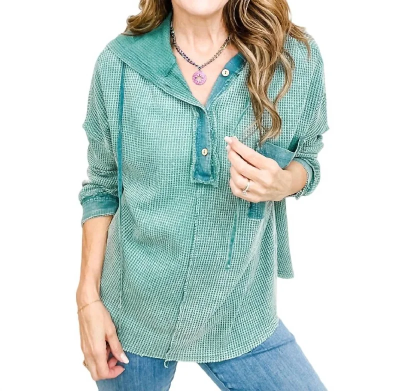 Hooded Waffle Knit Top In Sage Hoodie with Camouflage Military Edgy