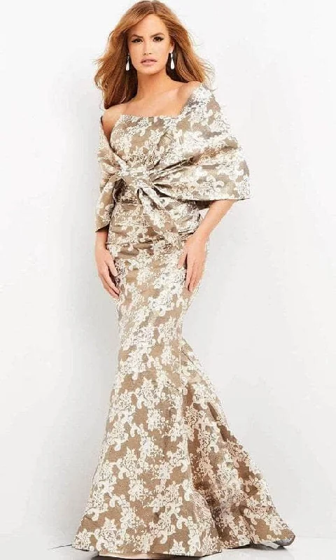Jovani - 06760 Floral Strapless with Shawl Long Dress Trendy Knitted Shawl Wrap