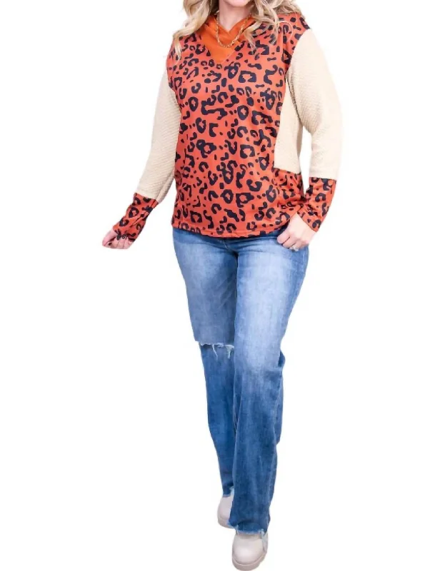 Leopard Hooded Top In Rust/beige Hoodie with Mesh Breathable Sporty