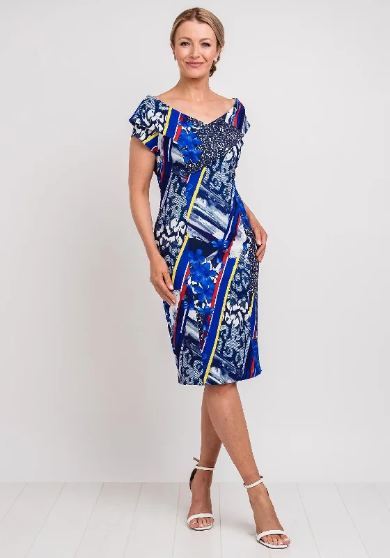 Lizabella Multi Print Shawl Collar Dress, Blue Elegant Pashmina Shawl Cape