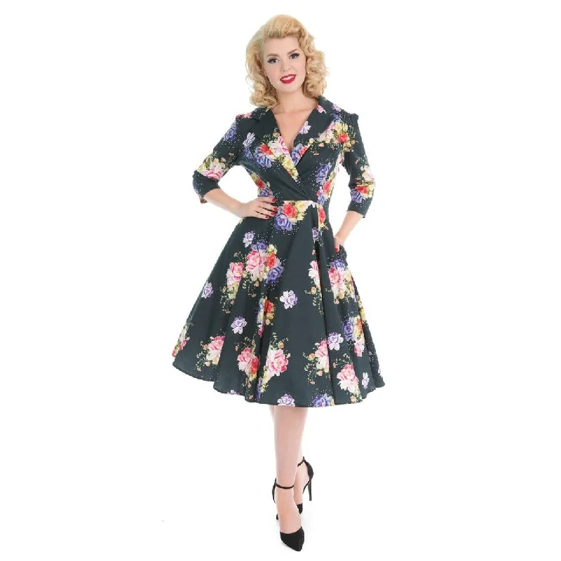 Midnight Green Floral Print 3/4 Sleeve Shawl Collar 50s Swing Dress Comfortable Shawl Scarf Wrap
