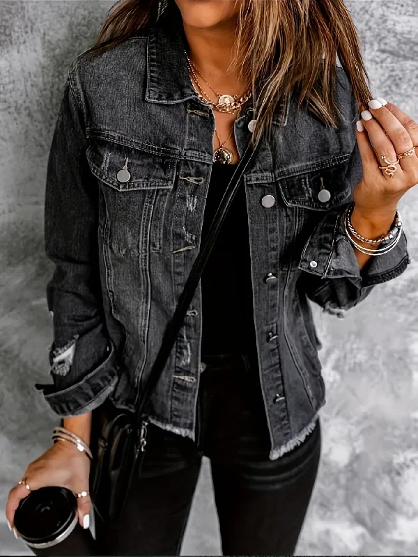 Ripped Single-Breasted Flap Pockets Raw Hem Long Sleeve Denim Coat Mesh Canvas Denim Ripped Single-Breasted Flap Pockets Raw Hem Long Sleeve Denim Coat Mesh Canvas Denim