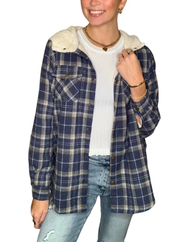 Sherpa Lined Hooded Shacket In Casual Blue Hoodie with Monochrome Minimalist Simple