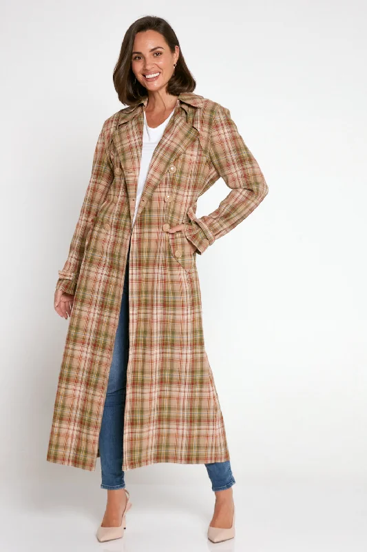 Smith Cotton Trench Coat - Camel/Olive Check Chic Lightweight Trench Coat