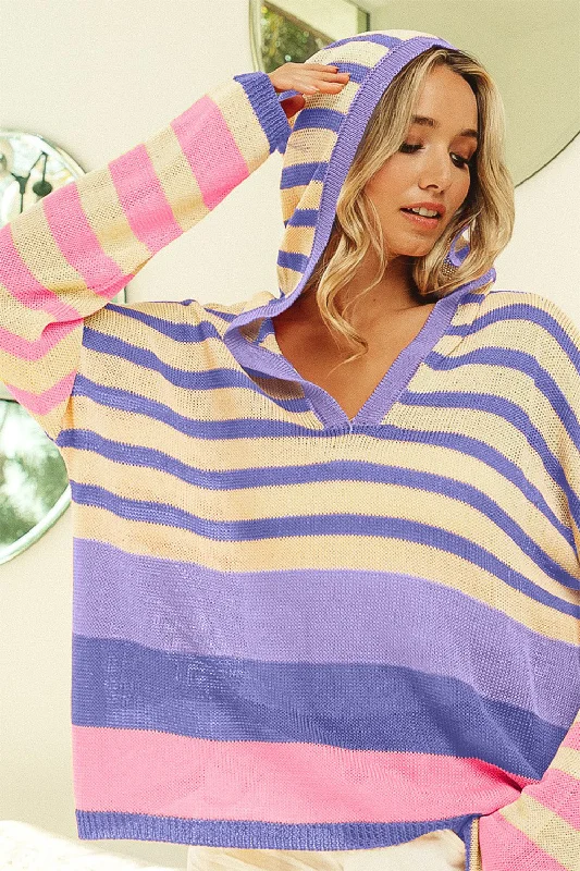 Striped Color Block  Hooded Knit Top Hoodie with Neon Bright Vibrant