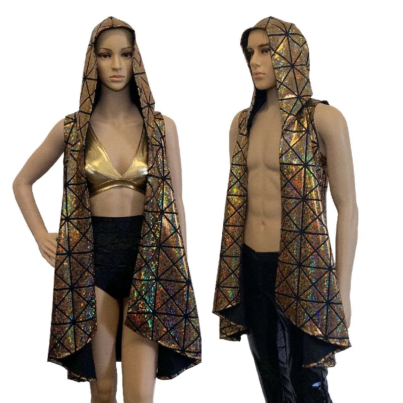 Unisex Hooded Sleeveless Rave Kimono Robe - Gold Glass Pane Holographic Hoodie with Distressed Vintage Worn Unisex Hooded Sleeveless Rave Kimono Robe - Gold Glass Pane Holographic Hoodie with Distressed Vintage Worn