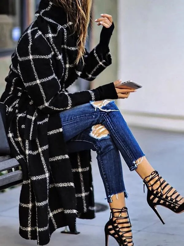 Lapel Pocket Belted Plaid Woolen Coat Nylon Polyester Spandex