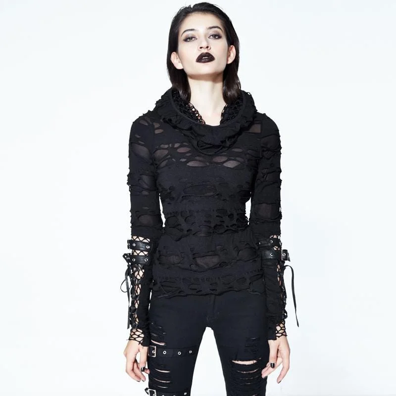 Women's Distressed Hooded Punk Goth Top Hoodie with Typography Text Message