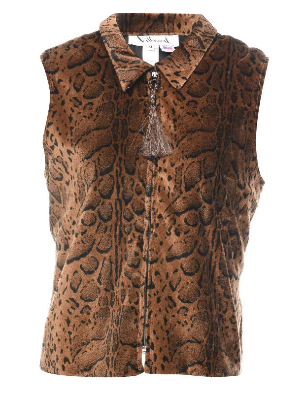 1990s Brown & Black Animal Print Zip-Front Waistcoat  - M Elegant Lightweight Waistcoat