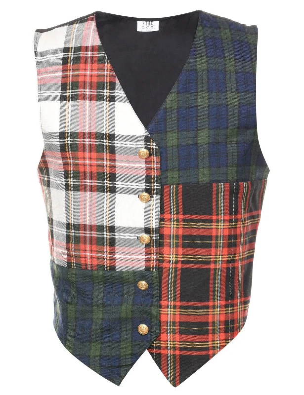 1990s Multi-Colour Tartan Waistcoat  - M Warm Knit Waistcoat Jacket