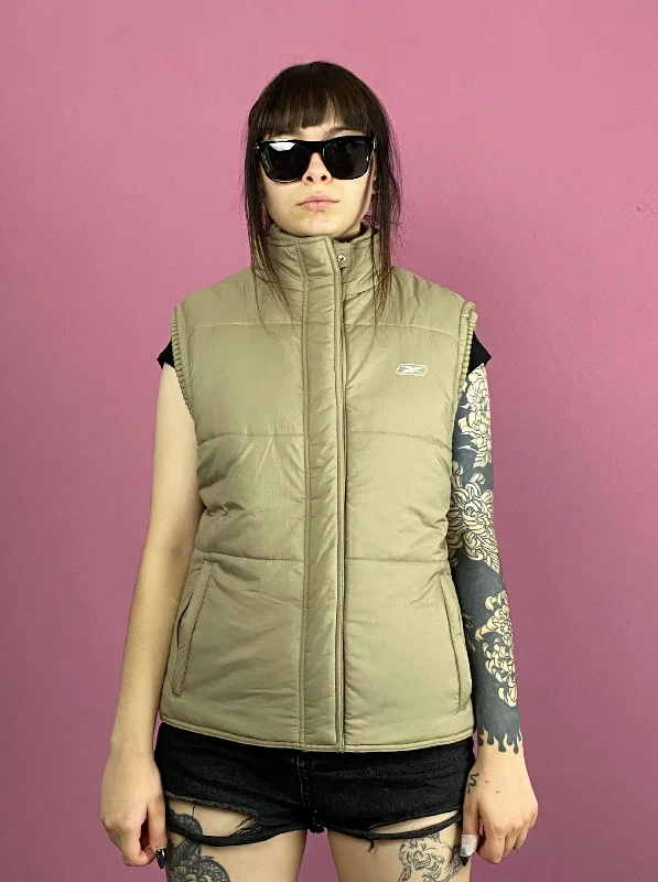 90s Reebok Vintage Women's Puffer Vest - L Beige Polyester Minimalist Wool Vest