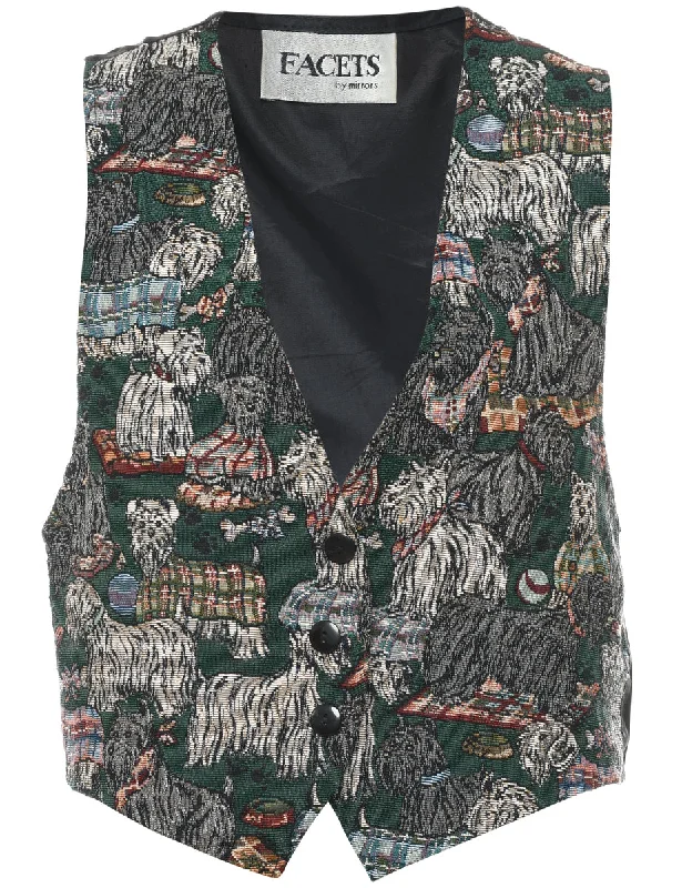 Animal Print Tapestry Waistcoat - M Classic Zip-Up Waistcoat