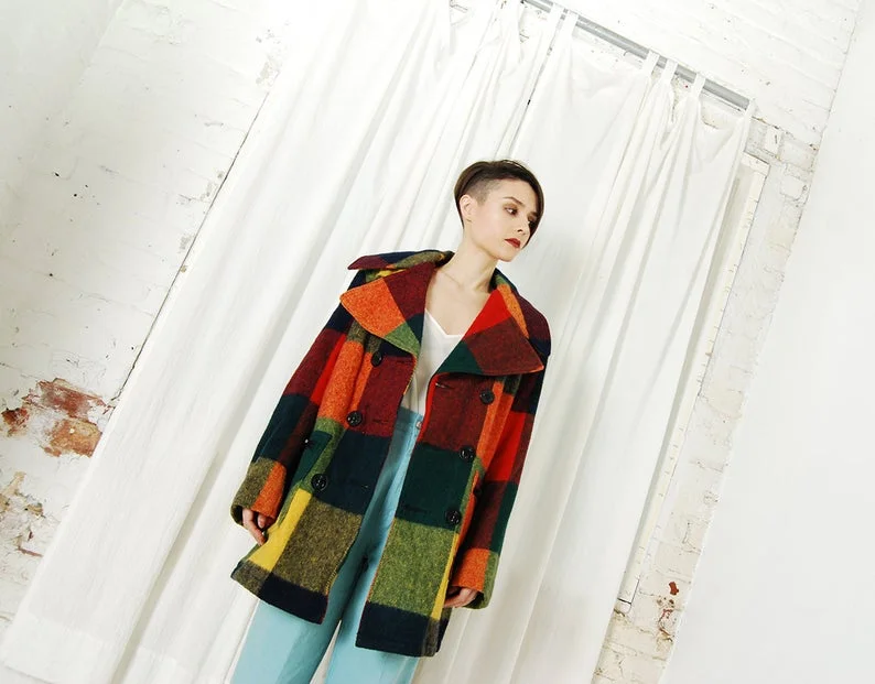 Autumnal Plaid Wool Peacoat Suede Jacket Faux Fur Jacket Puffer Jacket
