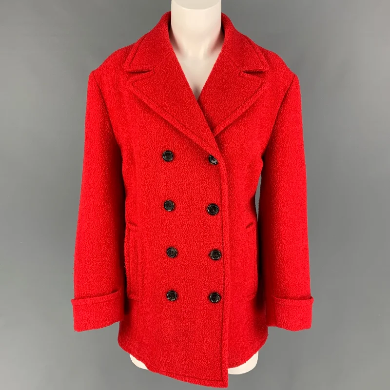 BALLY Size 10 Red Wool Blend Textured Peacoat Vent Hem Cuff