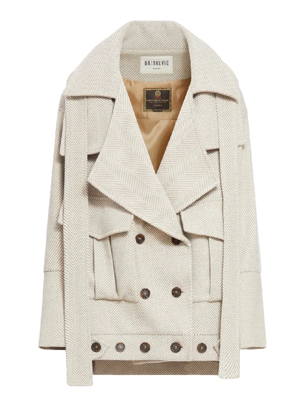 asymmetric coat in herringbone fabric Vent Hem Cuff