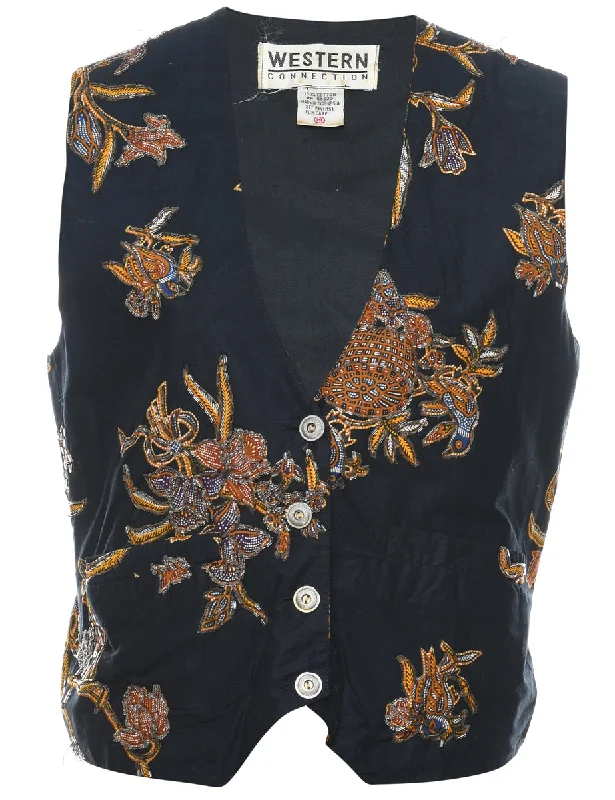 Beaded Floral Print Waistcoat - M Casual Denim Waistcoat Vest