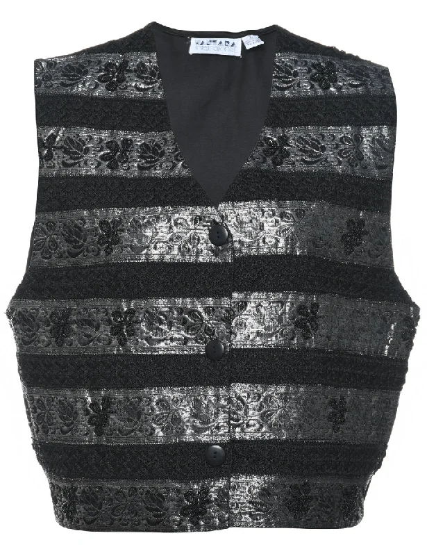 Black & Silver 1990s Metallic Waistcoat - L Elegant Wool Blend Waistcoat