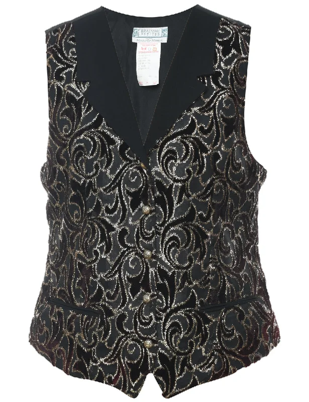 Black & Silver Metallic Patterned Waistcoat - L Trendy Utility Waistcoat Jacket