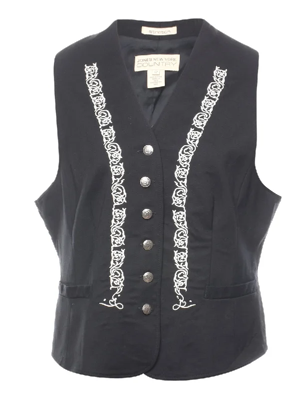 Black & White 1990s Embroidered Waistcoat - M Casual Long Waistcoat Vest