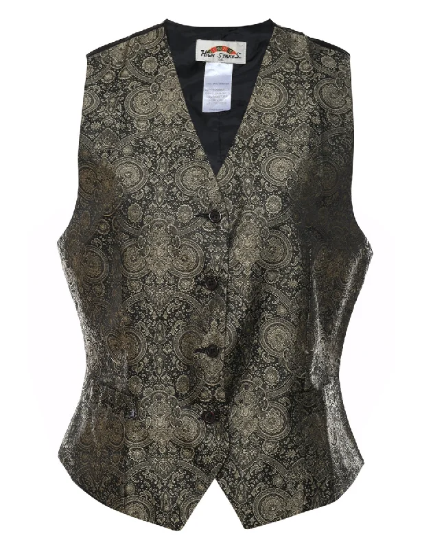 Brocade Paisley Pattern Black & Silver Waistcoat - M Cozy Fitted Waistcoat Vest