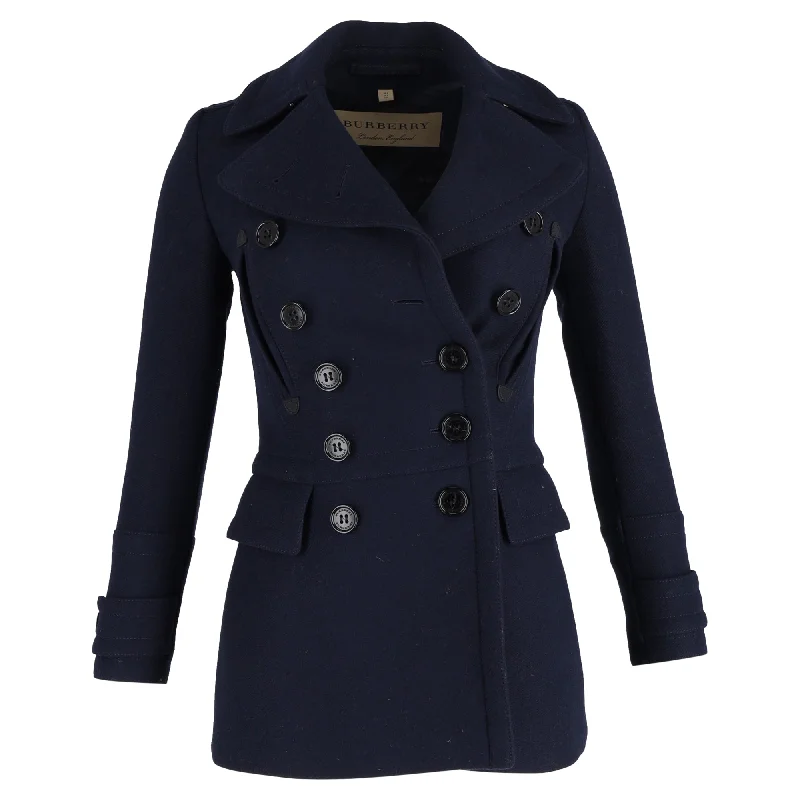 Burberry London Milbridge Military Trench Pea Coat in Navy Blue Wool Elegant Button-Up Trench Coat