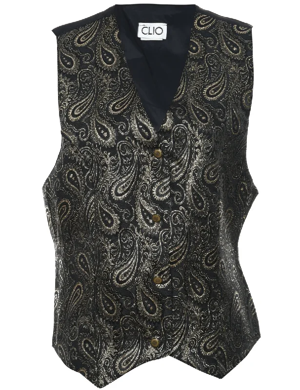 Clio Paisley Pattern Black Sparkly Waistcoat - M Elegant Woolen Waistcoat Jacket