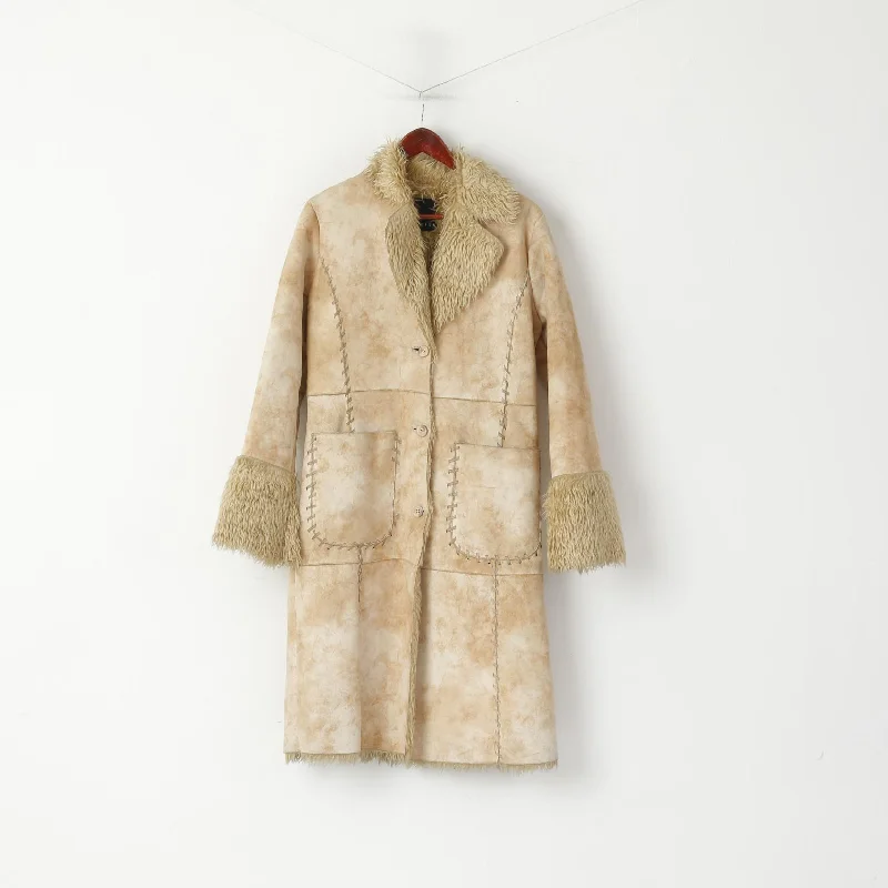 Amisu Womens 40 M Coat Beige Boho Long Buttoned Faux Fur Inserts Pocket Top Knit Woven Fleece