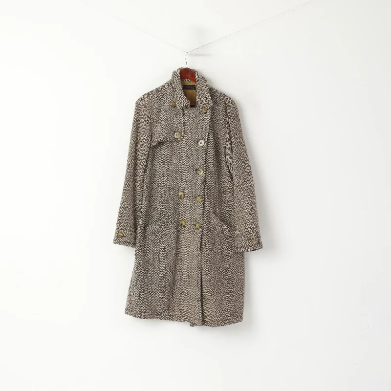 Replay Women XL (L) Coat Brown Wool Herringbone Double Breasted Vintage Zip Front Button Front Snap Front Replay Women XL (L) Coat Brown Wool Herringbone Double Breasted Vintage Zip Front Button Front Snap Front