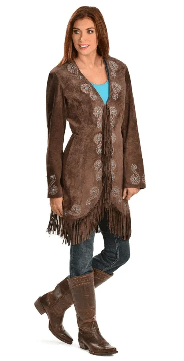 Scully Women's Brown Suede Leather Coat w/Fringe and Turquoise Stud Details L165 Three-Quarter Sleeve Elbow Sleeve Wrist Sleeve Scully Women's Brown Suede Leather Coat w/Fringe and Turquoise Stud Details L165 Three-Quarter Sleeve Elbow Sleeve Wrist Sleeve