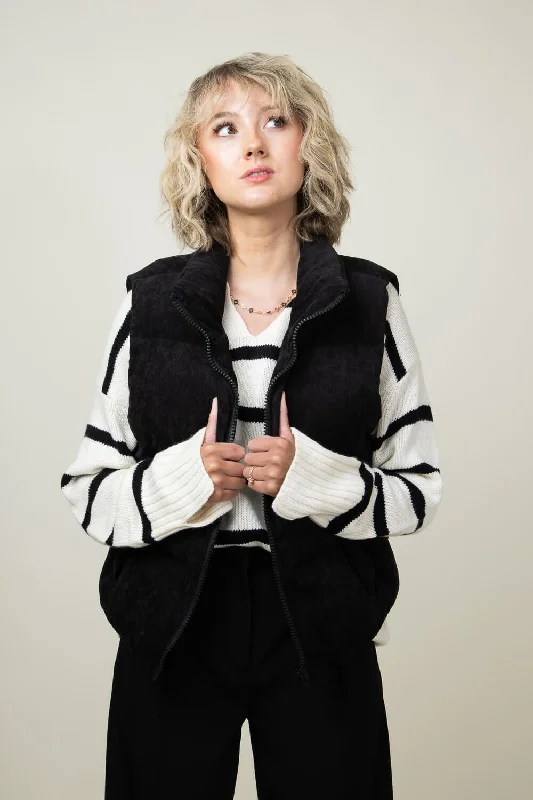 Corduroy Puffer Vest for Women in Black | H14995A-BLK Minimalist Long Vest