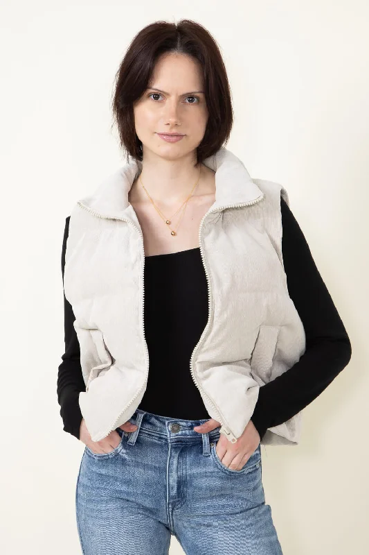 Corduroy Puffer Vest for Women in Sand | H14995A-SAN Collared Sleeveless Coat