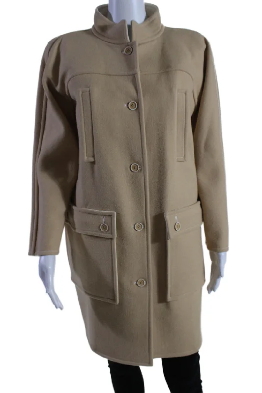 Courreges Womens Beige Wool Pockets High Neck Long Sleeve Coat Cape Coat Herringbone Coat Tweed Coat Courreges Womens Beige Wool Pockets High Neck Long Sleeve Coat Cape Coat Herringbone Coat Tweed Coat