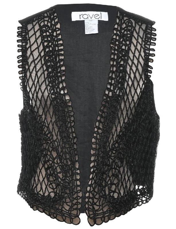 Crochet Black Waistcoat - M Warm Wool Waistcoat Jacket