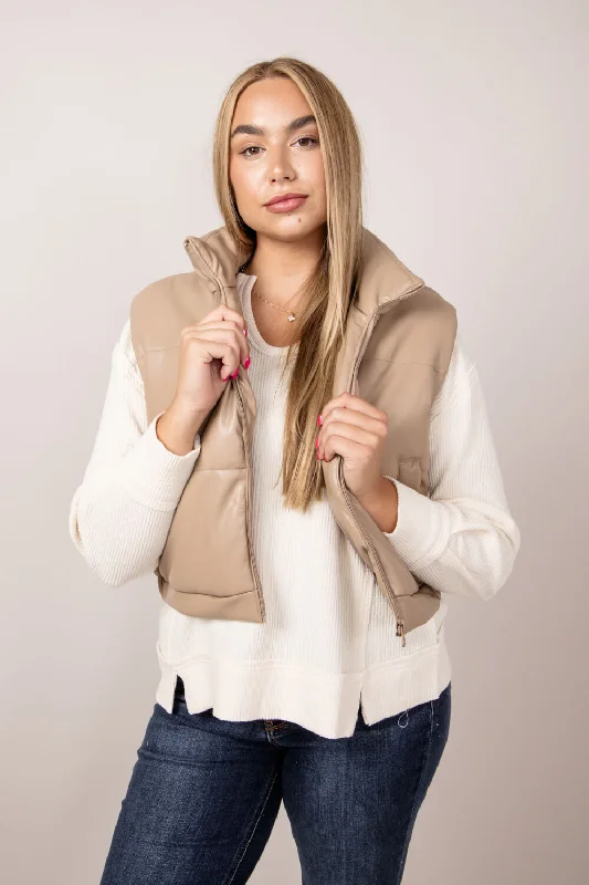 Cropped Faux Leather Puffer Vest for Women in Taupe | 53977-TAUPE Vintage-Inspired Vest Cropped Faux Leather Puffer Vest for Women in Taupe | 53977-TAUPE Vintage-Inspired Vest