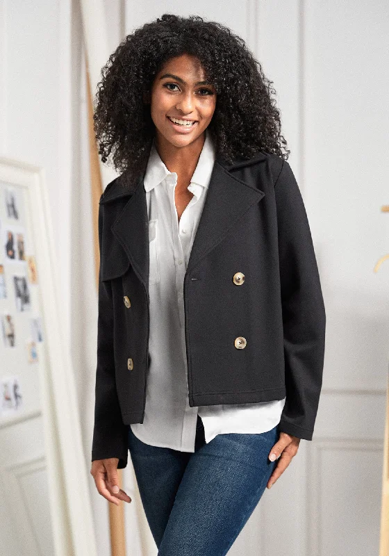 Cropped Peacoat (Black) Hooded Jacket Zipper Jacket Button Jacket