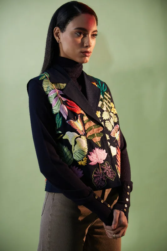 Dark Blue Amazon Waistcoat With Wild Forest Embroidery Chic Open-Front Waistcoat Vest Dark Blue Amazon Waistcoat With Wild Forest Embroidery Chic Open-Front Waistcoat Vest