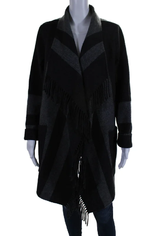 Diane Von Furstenberg Womens Fringe Open Front Striped Coat Gray Wool Medium Crew Neck V-Neck Boat Neck Diane Von Furstenberg Womens Fringe Open Front Striped Coat Gray Wool Medium Crew Neck V-Neck Boat Neck