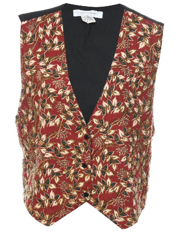 Ellen Ashley Leafy Print Waistcoat - L Classic Black Waistcoat Vest