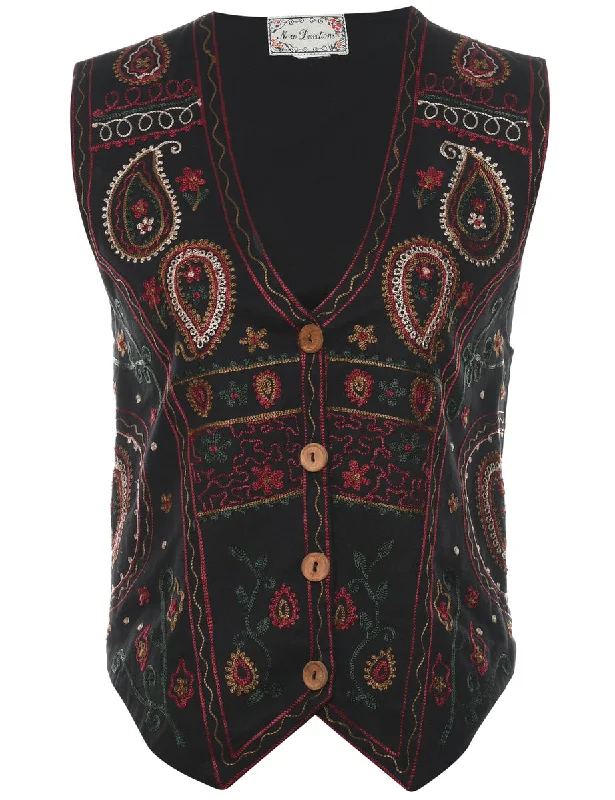 Embroidered Black Waistcoat - M Elegant Down-Filled Waistcoat