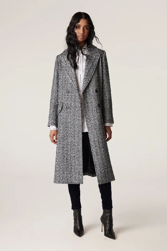 Emma Herringbone Coat - Blue Herringbone Tailored Straight A-Line