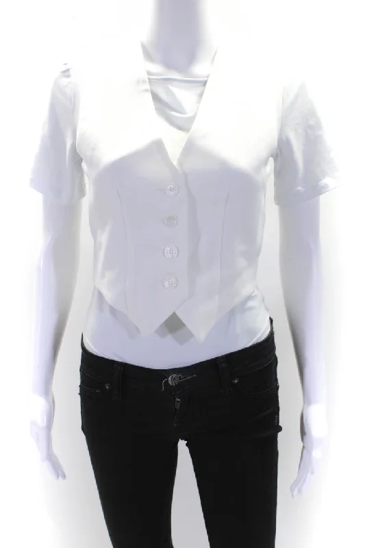 Enza Costa Womens V Neck Twill Crop Waistcoat Vest White Warm Puffer Waistcoat Vest