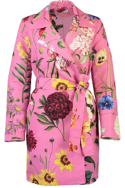 Floral Faille Trench Coat Chic Military Style Trench