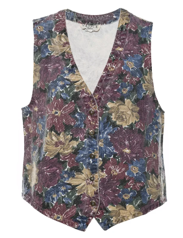 Floral Pattern Multi-Colour Denim Waistcoat  - M Cozy Woolen Waistcoat Vest